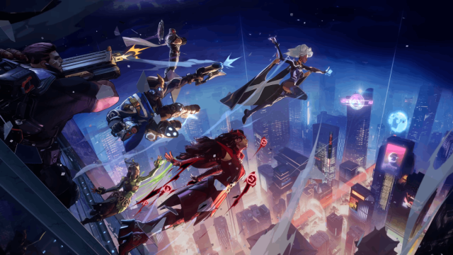 marvel rivals characters leaping off into the night sky