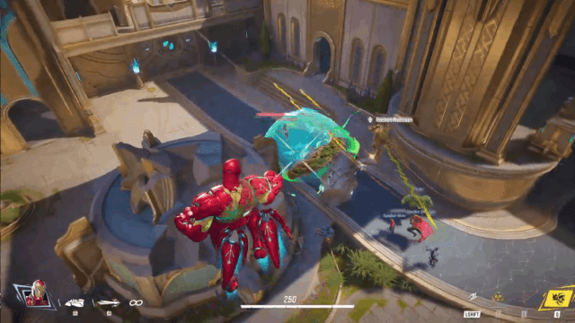 Marvel Rivals flying iron man shooting at enemy team