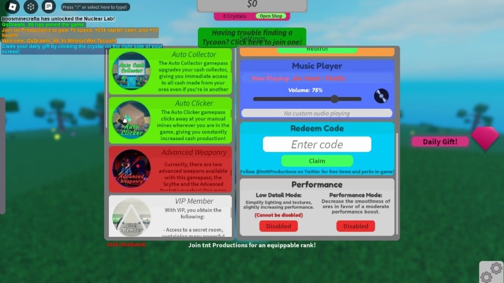 The code redemption screen in Mineral War Tycoon.