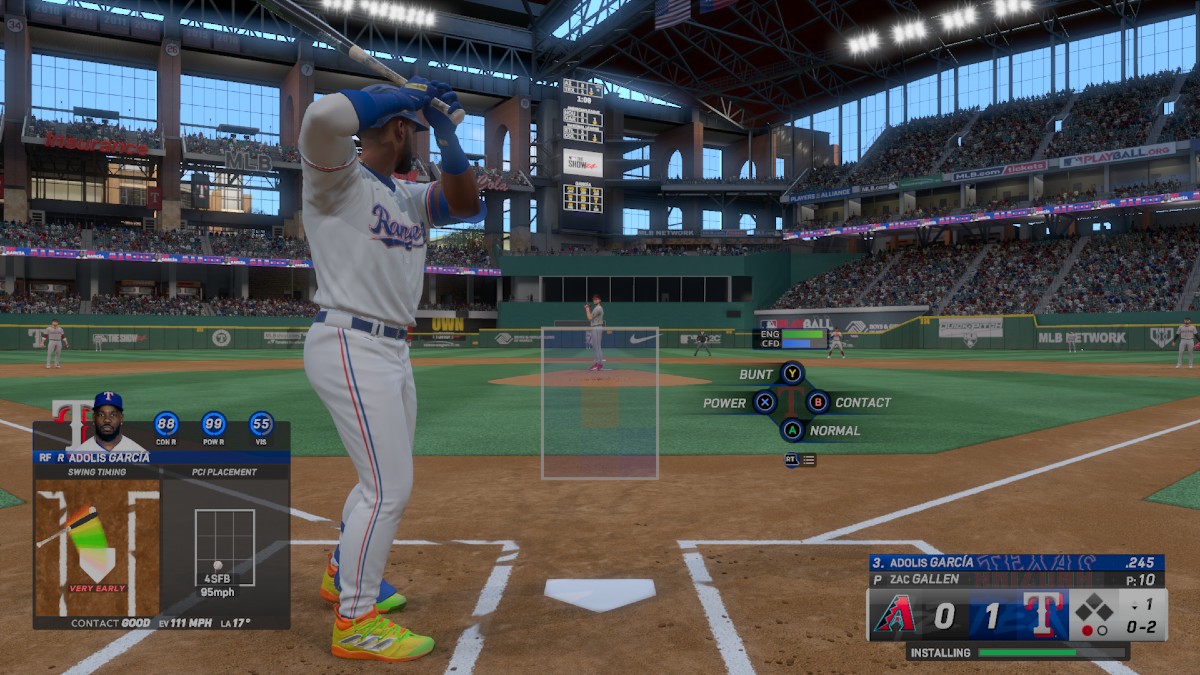 The player about to hit a ball in MLB The Show 2024.