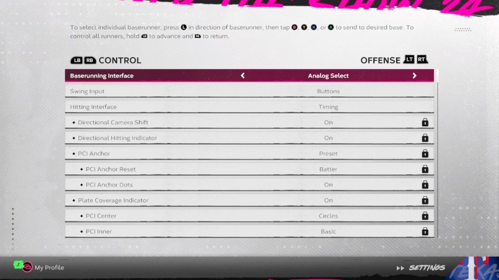 The Offense settings menu in MLB The Show 2024.