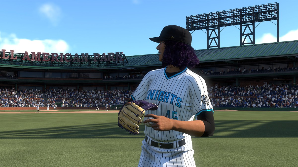 A pitcher preparing to throw in MLB The Show 24.