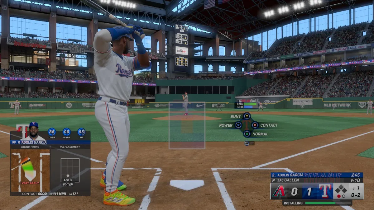 A player preparing to hit the ball in MLB The Show 24.
