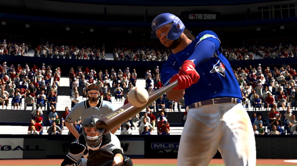 A player hitting the ball in MLB The Show 24.