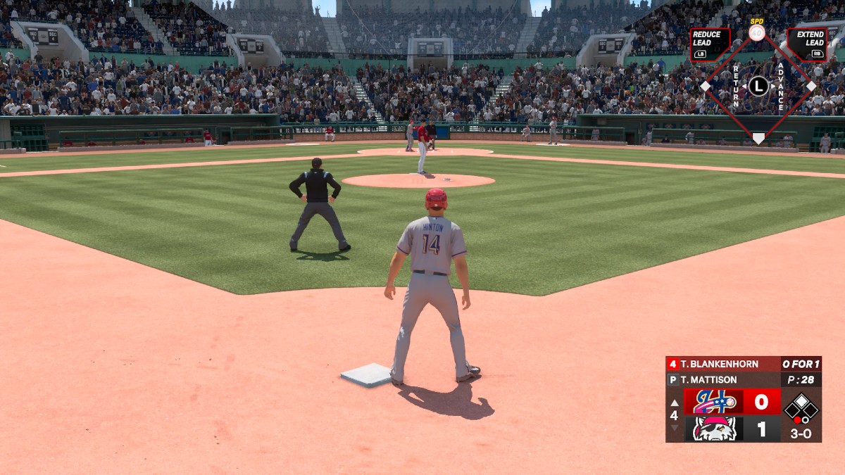 A player waiting to run from second base in MLB The Show 24.