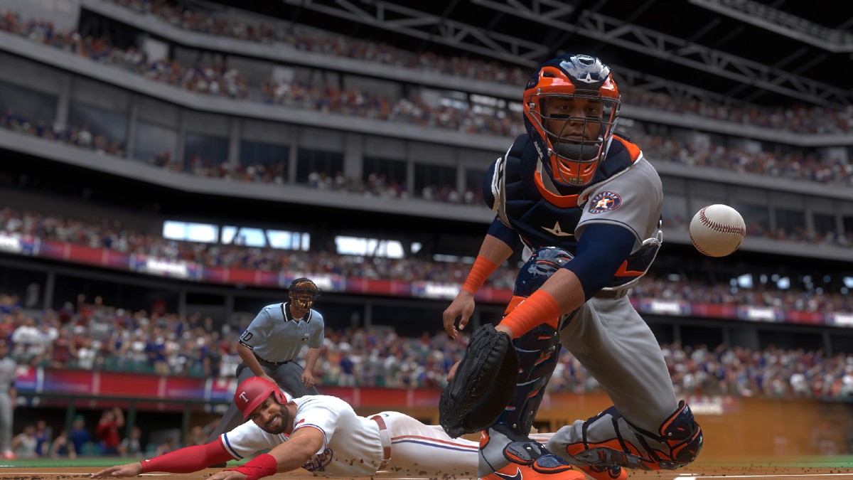 A batter sliding in MLB The Show 24.