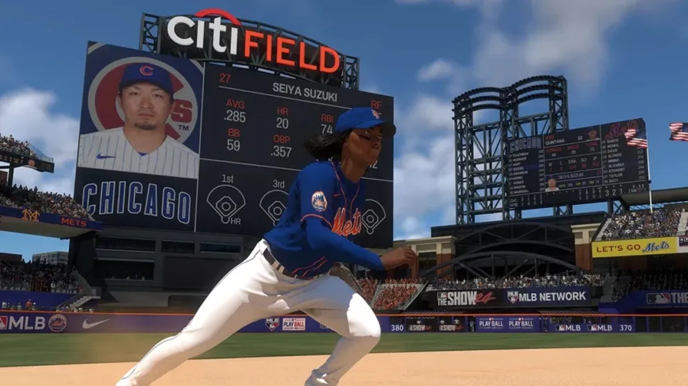 A fielder running for the ball in MLB The Show 24.