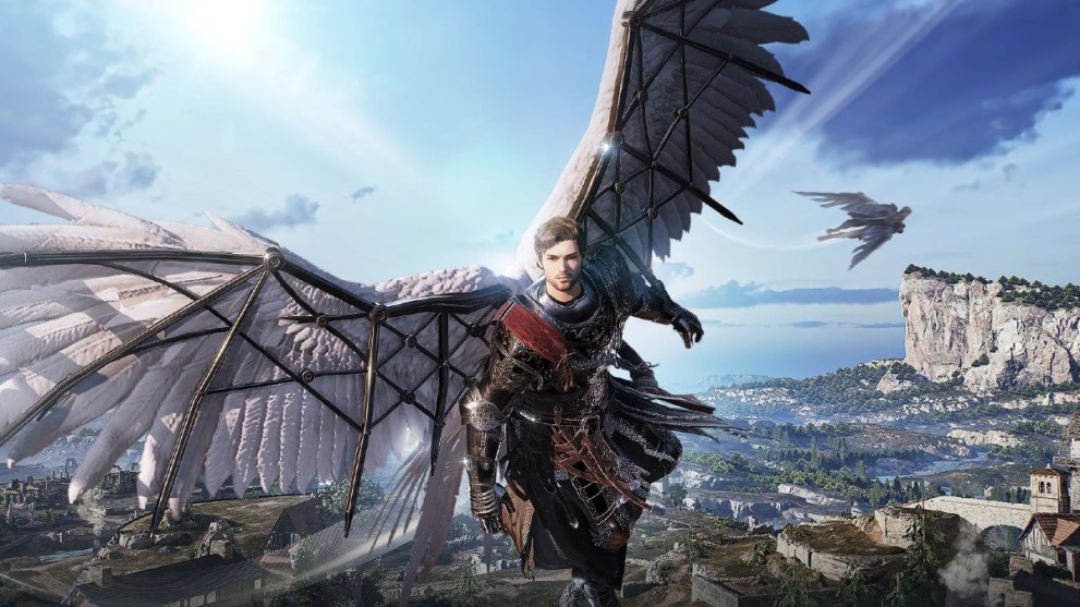A character flying with mechanical wings in Night Crows.
