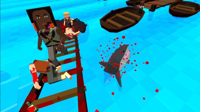 Enemies running away from a shark in Paint the Town Red VR.