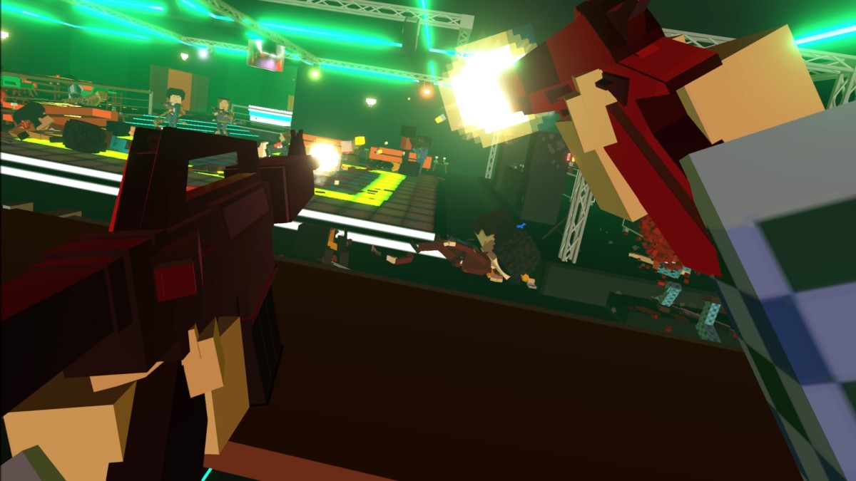 The player firing machine guns in a club in Paint the Town Red VR.