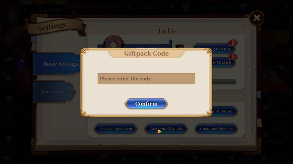 Codes redemption menu in Fairy Tail Fierce Fight