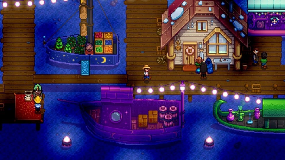 A character walking along a pier in Stardew Valley.