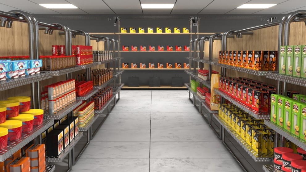 A row of shelves in Supermarket Simulator.