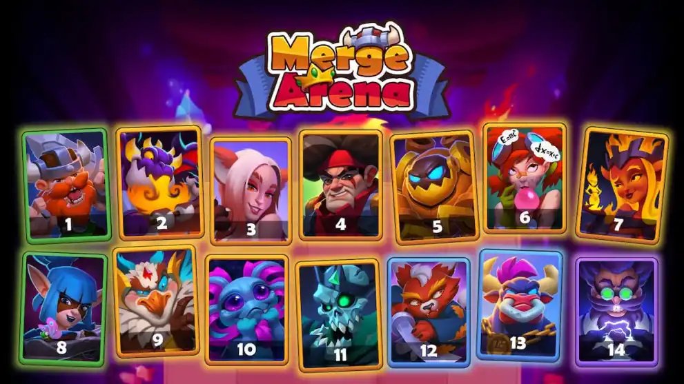 Numerous Merge Arena characters listed
