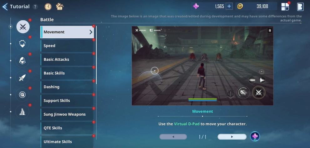 Tutorial menu in Solo Leveling Arise