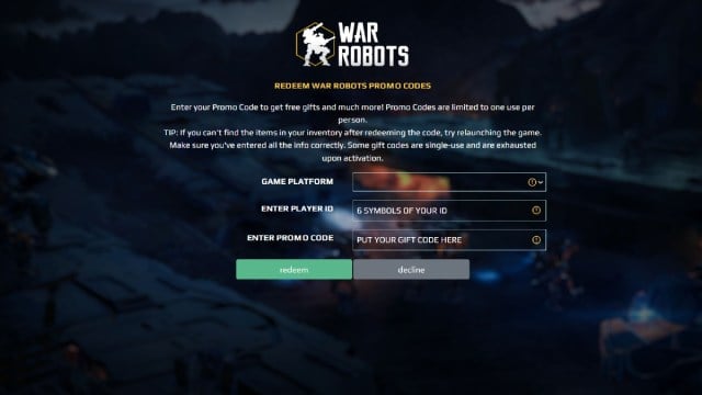 The code redemption site for War Robots.