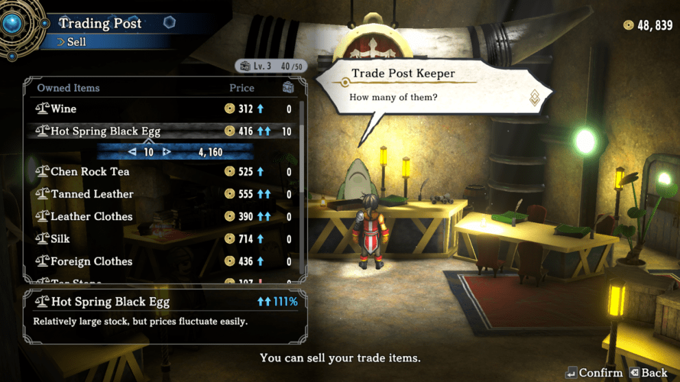 The Trading Post menu in Eiyuden Chronicle: Hundred Heroes.