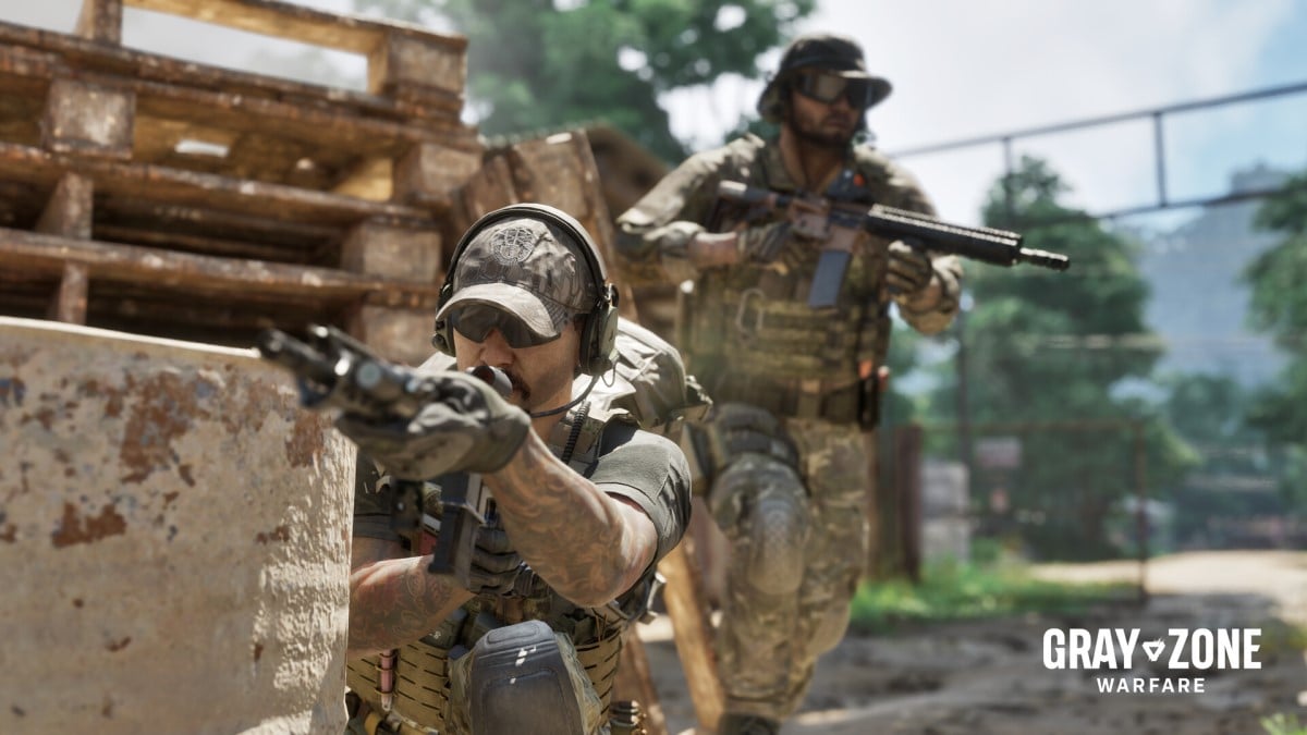 gray zone warfare two soldiers one standing and one crouching holding guns