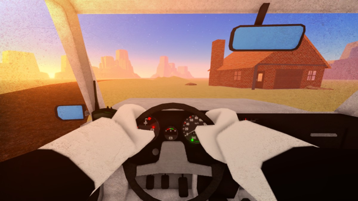 A Roblox character driving in A Dusty Trip.