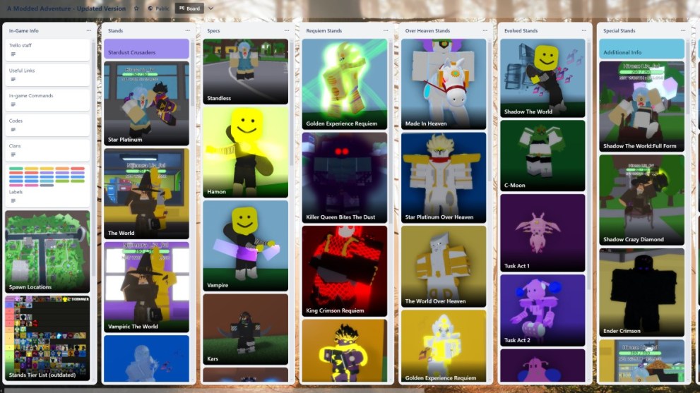 The A Modded Adventure Trello board.