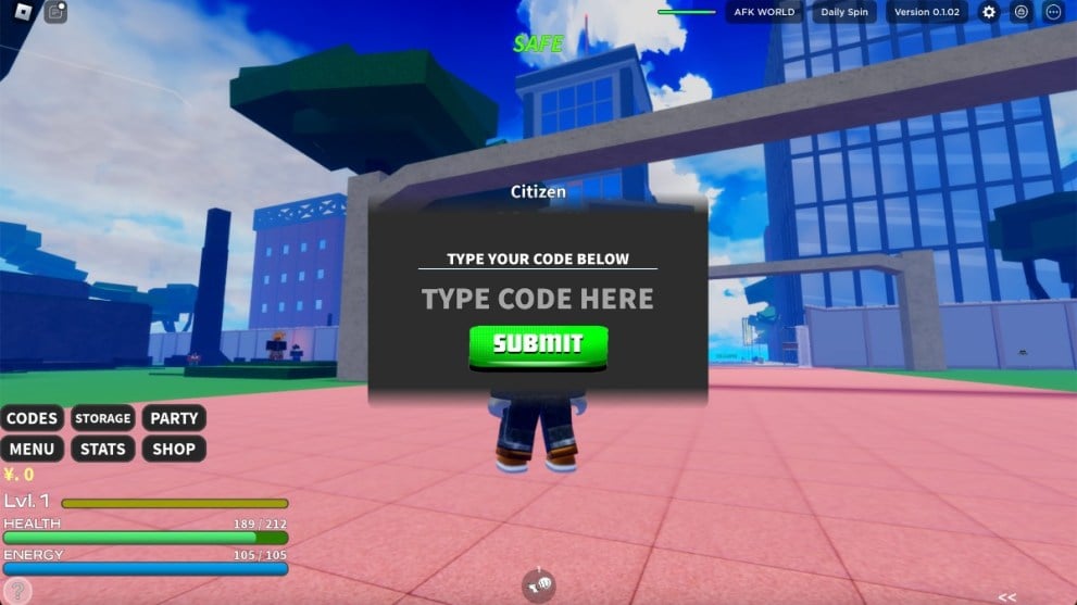 The code redemption screen in Anime Quest.