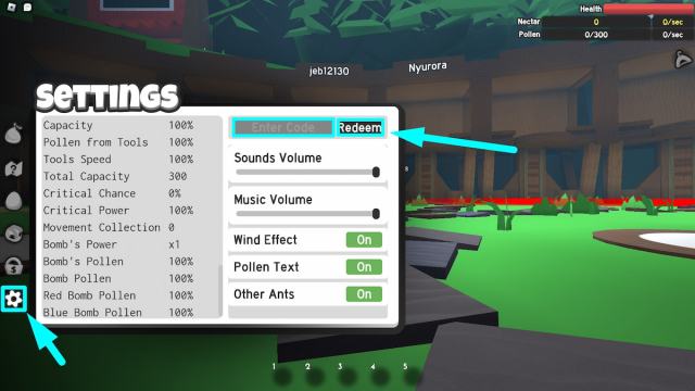 Settings menu showing the codes redemption box in Ants Simulator 2 Roblox experience