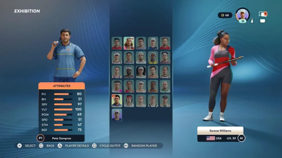 The player selection screen in TopSpin 2K25.