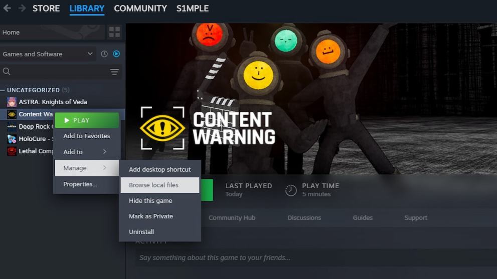Browse Content Warning files via steam