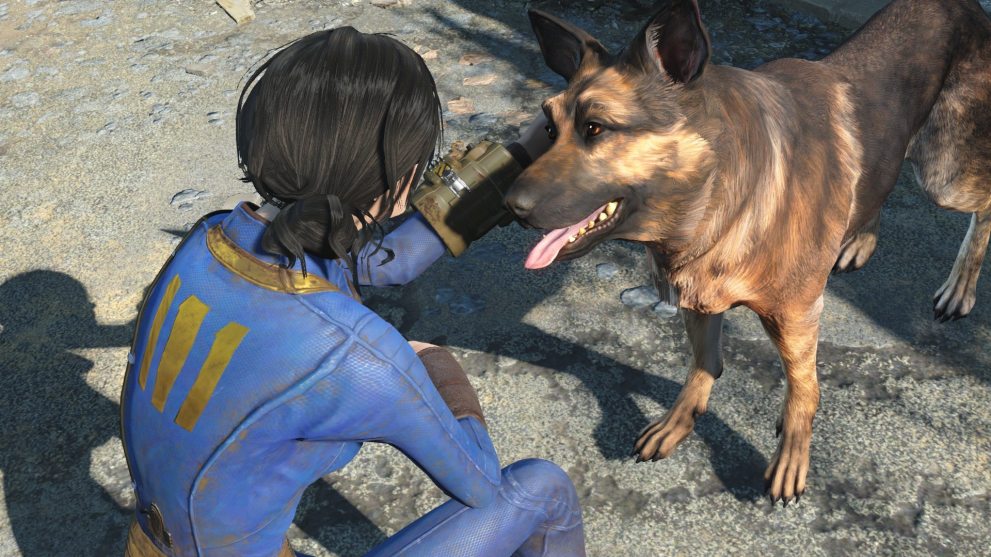 Player wearing a blue suit caressing a dog