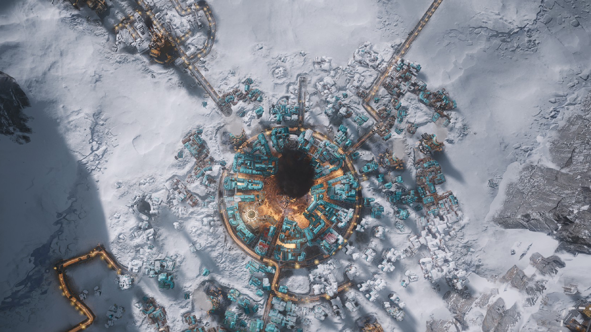 Frostpunk 2 Best Graphics Settings To Enhance Your City: A wide birdseye view of The City's central district and generator.