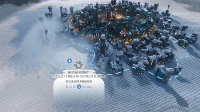 Frostpunk 2 Spiegazione di come costruire distretti: un giocatore cerca di ottimizzare un nuovo distretto residenziale utilizzando i bonus di adiacenza.