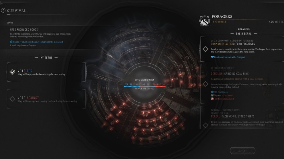 Frostpunk 2 How To Pass Laws In Your City Explained: The negotiation screen.