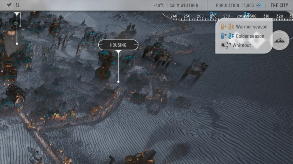 Frostpunk 2 How To Raise Trust In Your City: Weather Forecast metre in the top right corner of the UI.