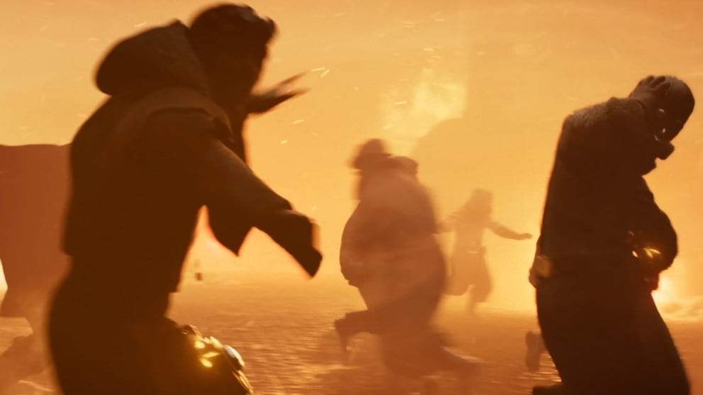 Characters run through flame-lit streets  as The City descends into rioting.