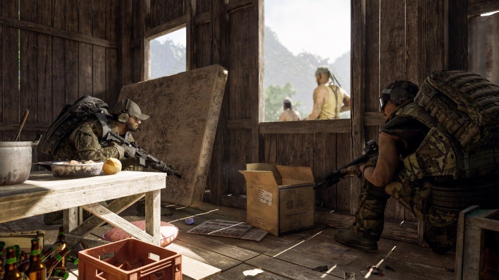 Characters hiding in a hut in Gray Zone Warfare.