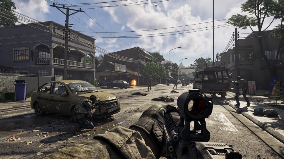 Soldiers running down a road in Gray Zone Warfare.