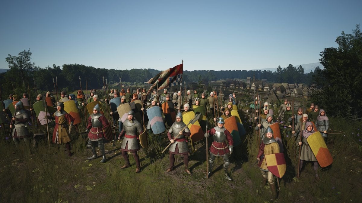 How to get clothing stall in Manor Lords - knights and peasants standing together ready for combat