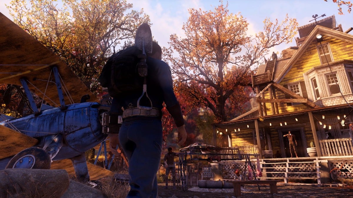 The Sole Survivor walking through a forest in Fallout 76.