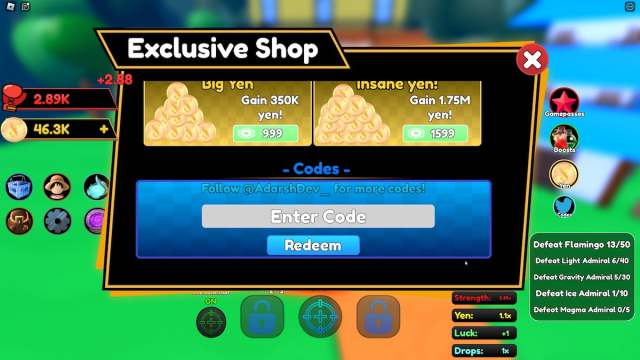 Codes redemption menu in Anime Strikers Simulator Roblox experience