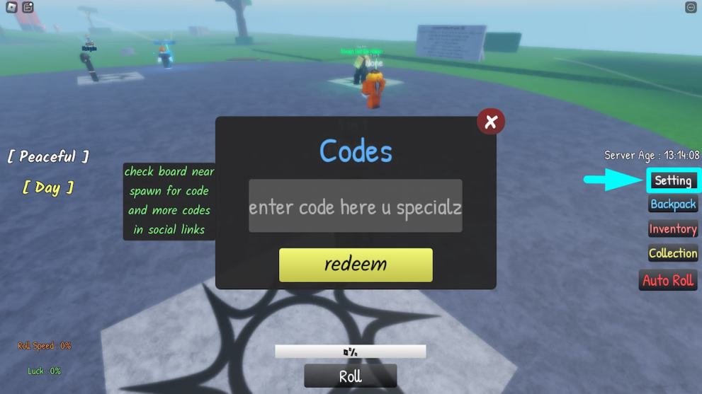Codes redemption menu in Cursed RNG Roblox experience