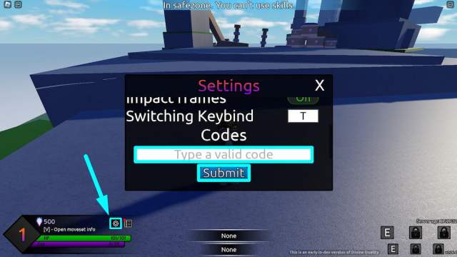Codes redemption menu in Divine Duality Roblox experience