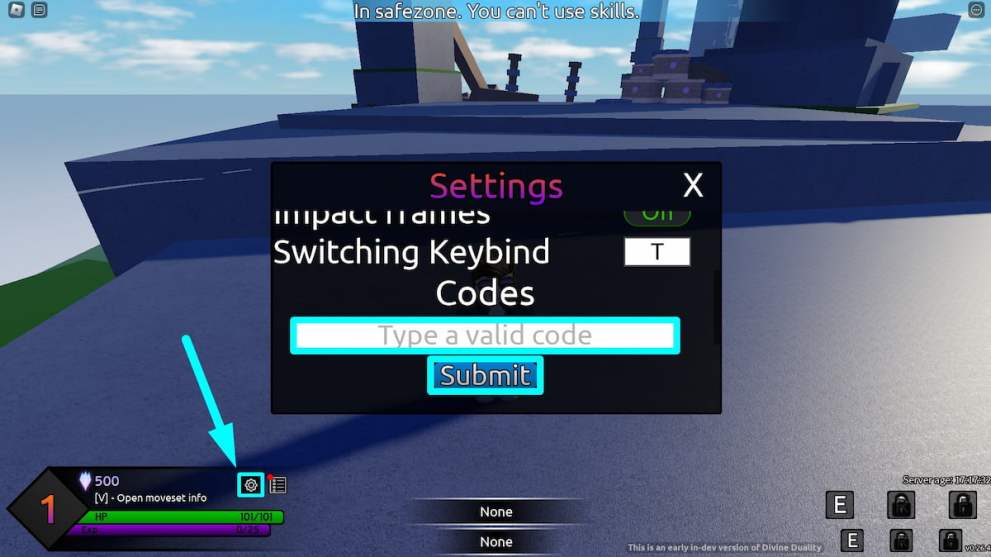 Codes redemption menu in Divine Duality Roblox experience
