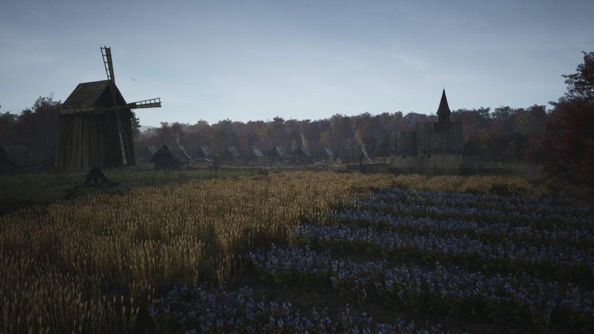 How to turn Wheat into Grain in MAnor lords - a field of grain with a windmill in the background