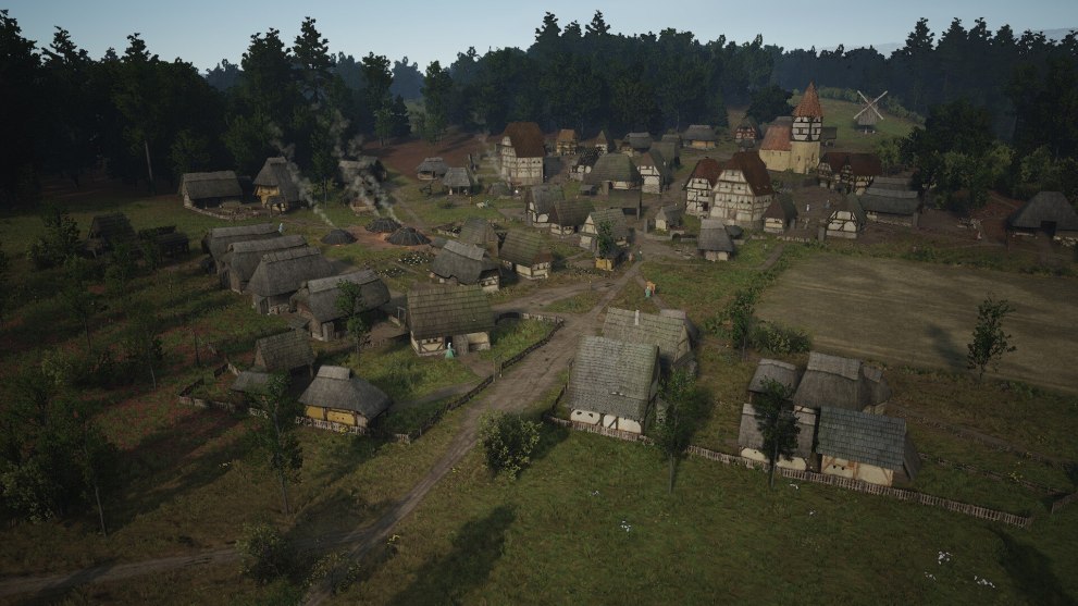 A medieval village with fields, a windmill in the background and buildings