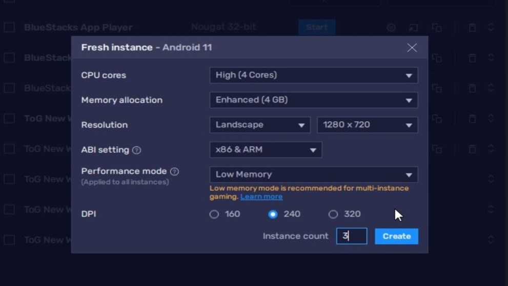 Blue Stacks instance settings
