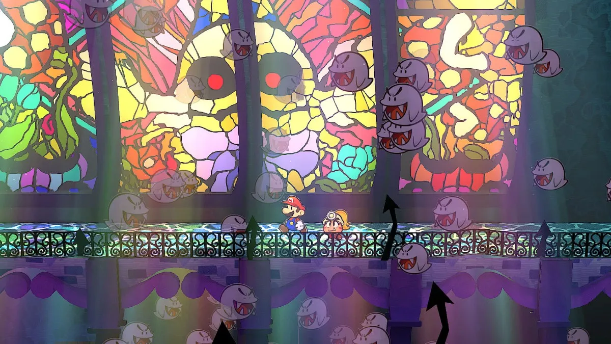 Mario walking past stained-glass windows in Paper Mario: The Thousand-Year Door.