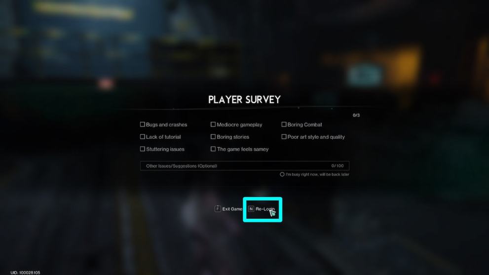 Re-Login button in the main menu of Once Human