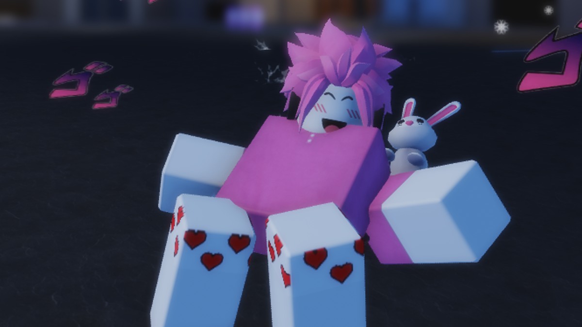 A happy Roblox character in Sakura Stand.