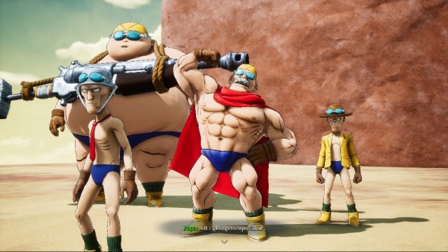 sand land enemies swimmers boss shirtless four buff men in swimsuits