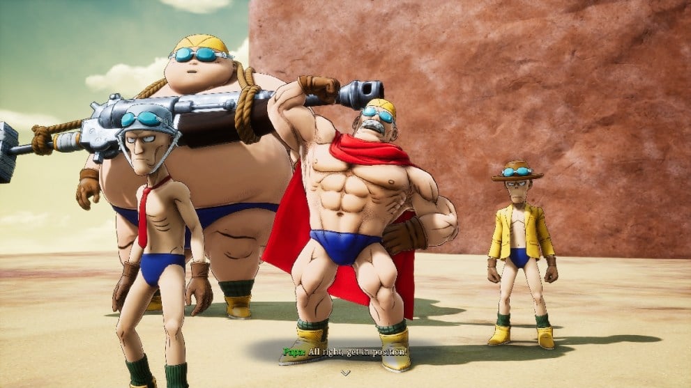 sand land enemies swimmers boss shirtless four buff men in swimsuits